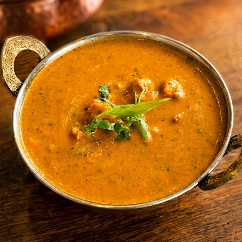 A metal bowl of orange curry with chicken and green herbs sits on a wooden table.