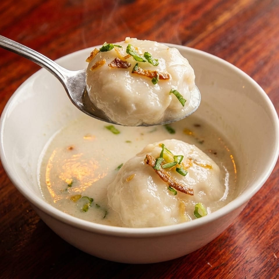 A hand holds a spoon lifting a dumpling from a bowl of creamy soup with green onions.