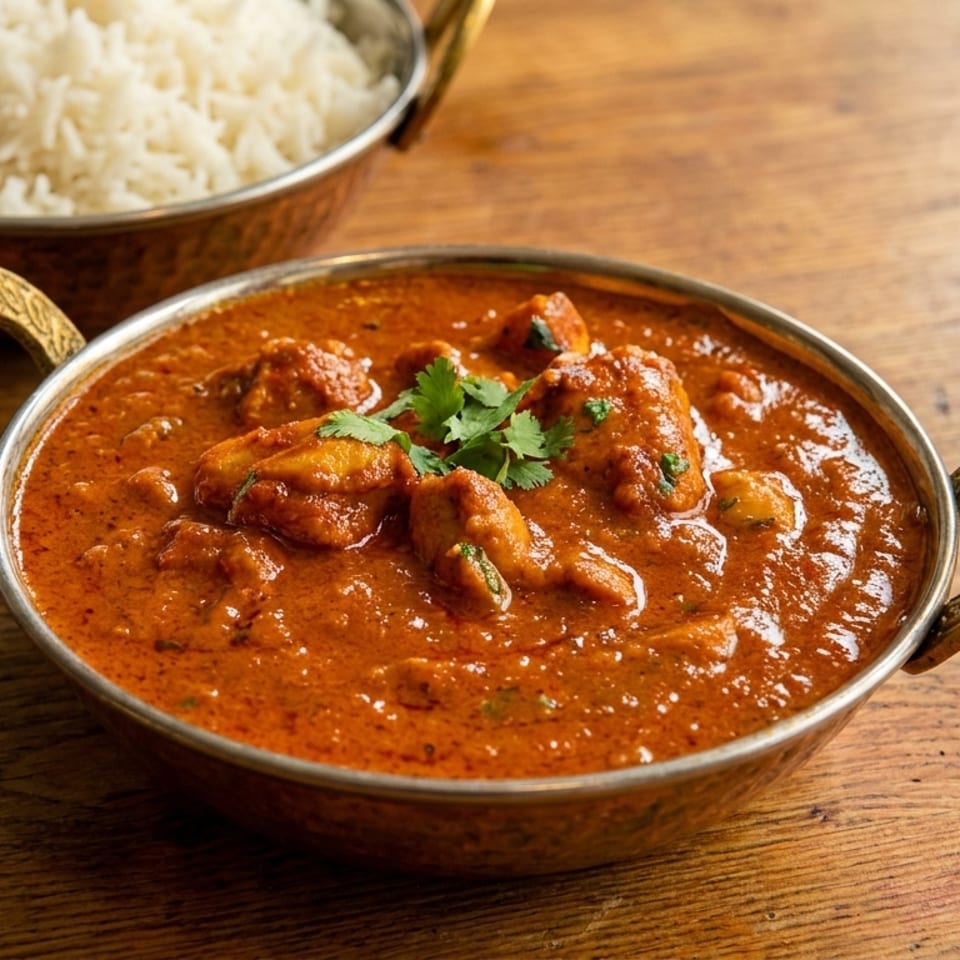 Chicken curry with cilantro in a bronze bowl, with a bowl of white rice in the background.