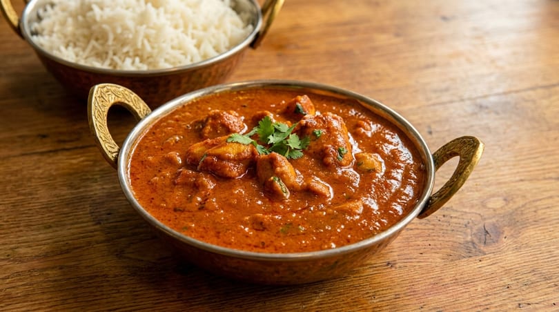 Chicken curry with cilantro in a bronze bowl, with a bowl of white rice in the background.