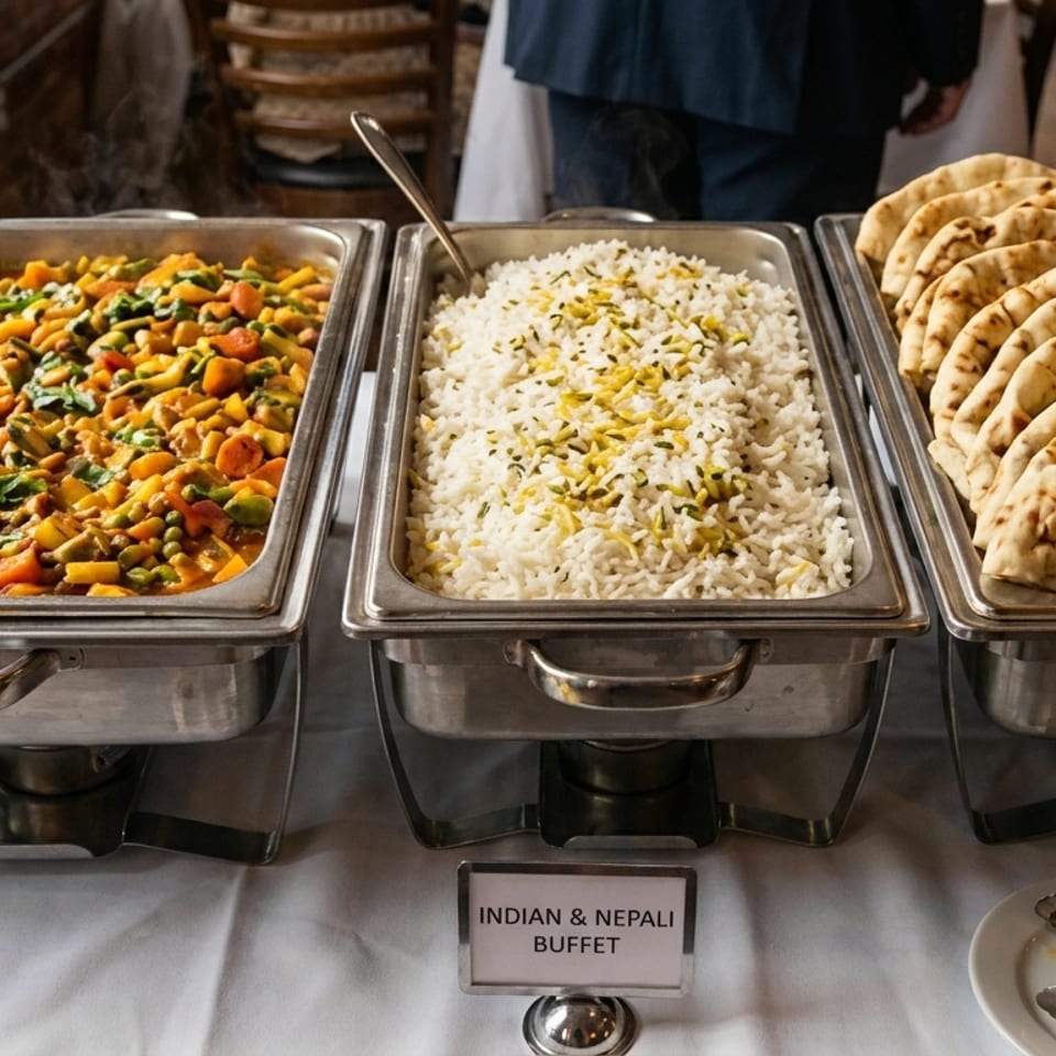 An Indian and Nepali buffet with rice, naan, and vegetable curry in chafing dishes.
