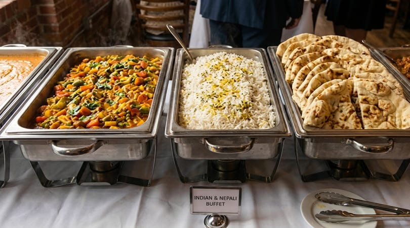 An Indian and Nepali buffet with rice, naan, and vegetable curry in chafing dishes.