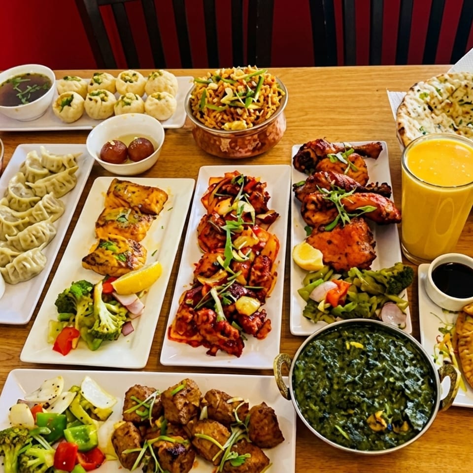A table laden with a variety of colorful Indian and Nepalese dishes, including curries, momos, and naan.