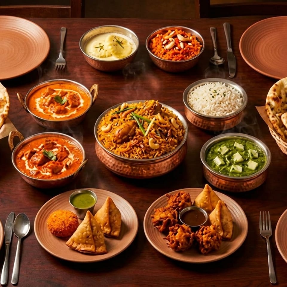 A feast of Indian dishes, including curries, biryani, naan, rice, and appetizers, on a wooden table.