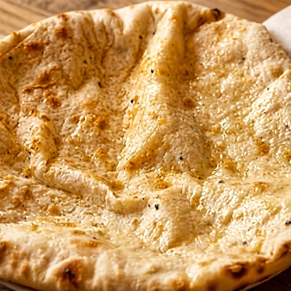 Freshly baked naan bread, glistening with butter and sprinkled with herbs, on parchment paper.