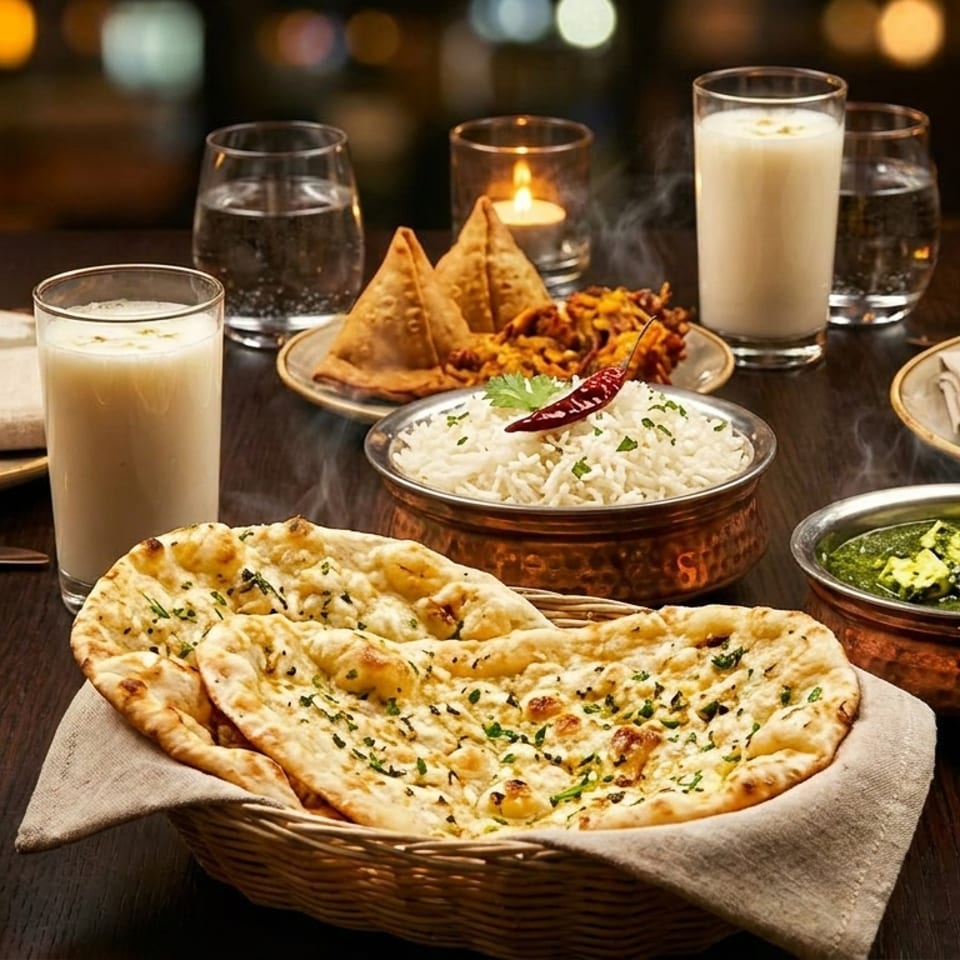A table laden with various Indian dishes, including naan, rice, curries, samosas, and drinks.