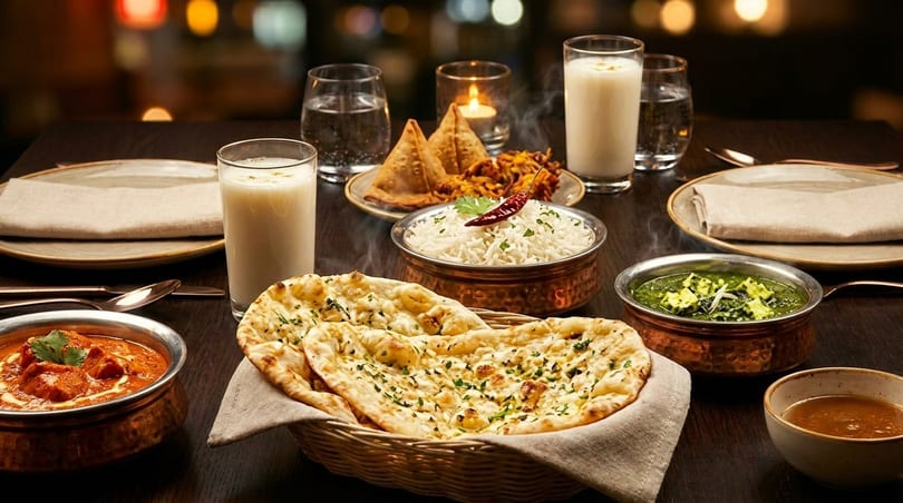 A table laden with various Indian dishes, including naan, rice, curries, samosas, and drinks.