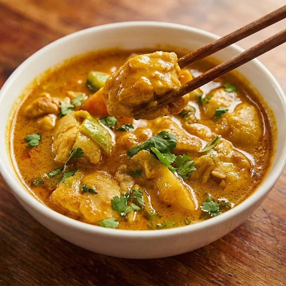 Chopsticks lifting a piece of chicken from a bowl of yellow curry with vegetables and cilantro.