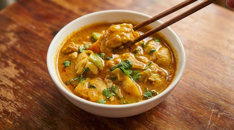 Chopsticks lifting a piece of chicken from a bowl of yellow curry with vegetables and cilantro.