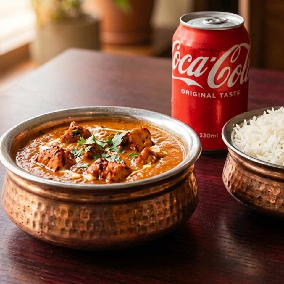 Chicken tikka masala, white rice, and a Coca-Cola can on a wooden table.
