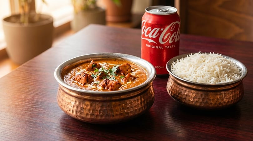 Chicken tikka masala, white rice, and a Coca-Cola can on a wooden table.