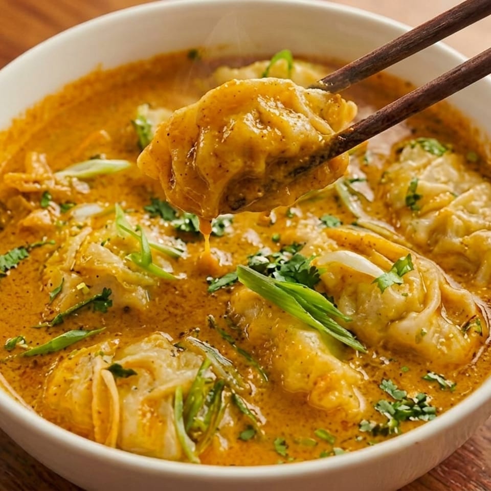 Chopsticks lifting a dumpling from a bowl of momo in a creamy orange sauce, garnished with herbs.