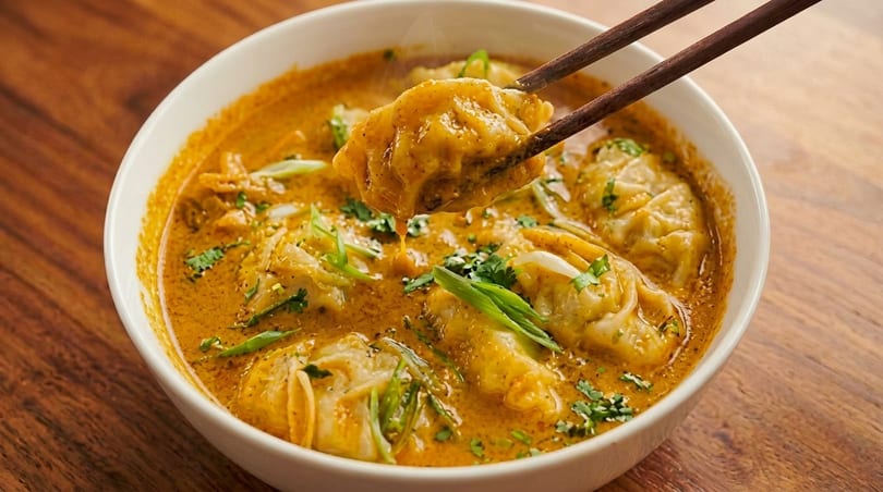 Chopsticks lifting a dumpling from a bowl of momo in a creamy orange sauce, garnished with herbs.