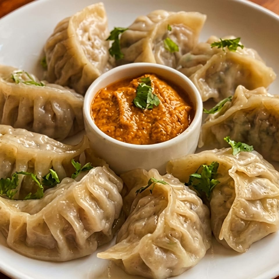 A white plate filled with steamed momos, garnished with cilantro, and a small bowl of orange dipping sauce.