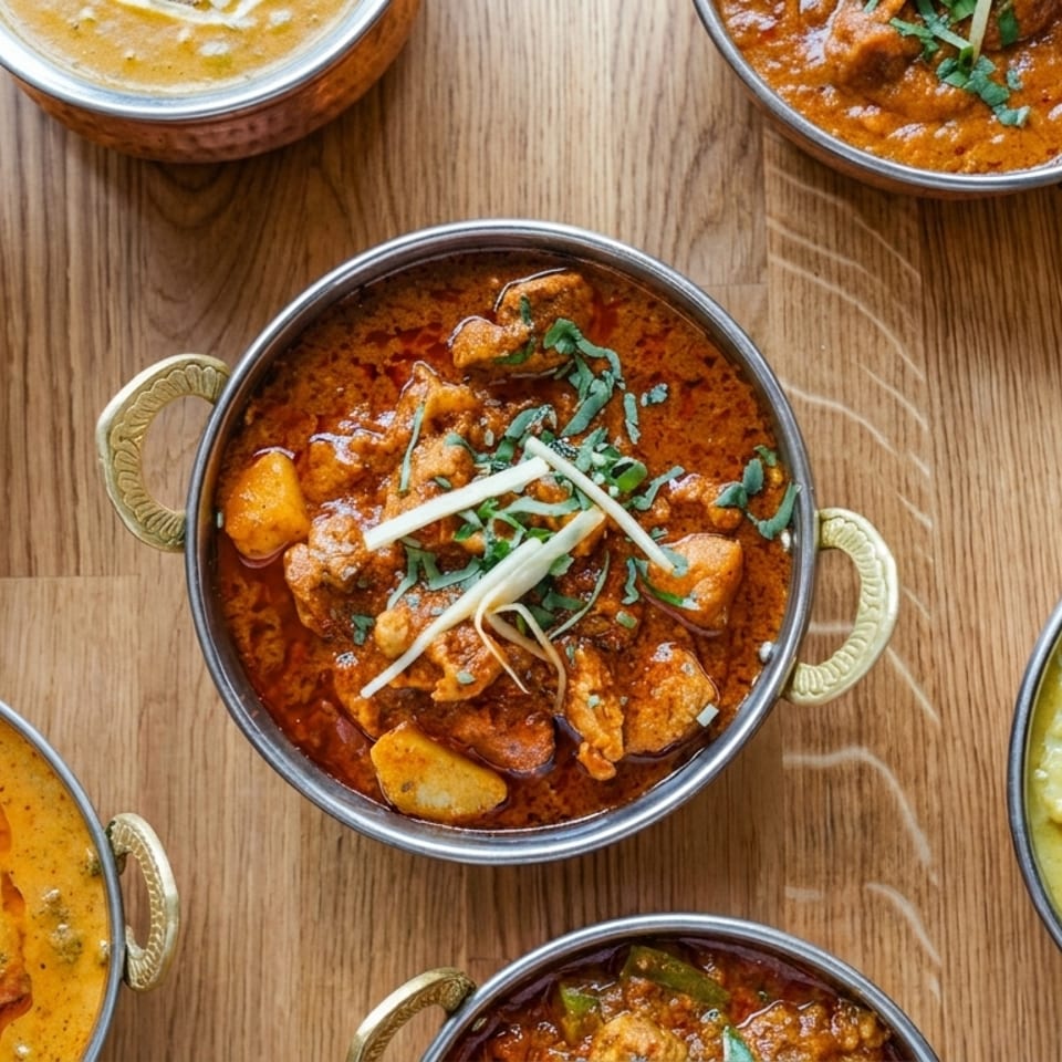 Six bowls of colorful Indian curries with various toppings on a wooden table.
