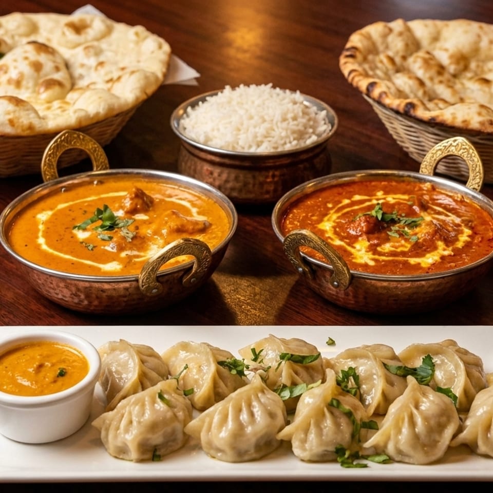 Indian feast with two bowls of curry, rice, two baskets of naan bread, and a plate of momos with sauce.