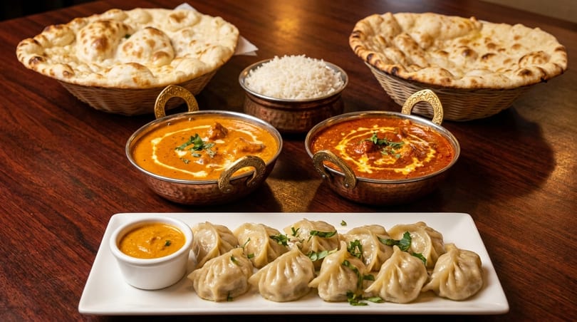 Indian feast with two curries, rice, naan bread, and momos with dipping sauce on a wooden table.