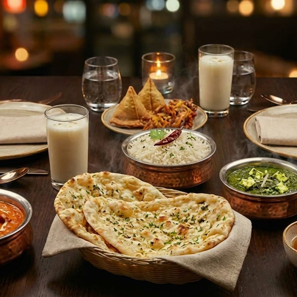 A table laden with various Indian dishes, including curry, naan, rice, samosas, and drinks.