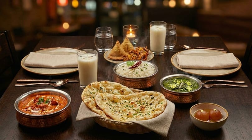 A table set with various Indian dishes including curries, naan, rice, samosas, and lassi.