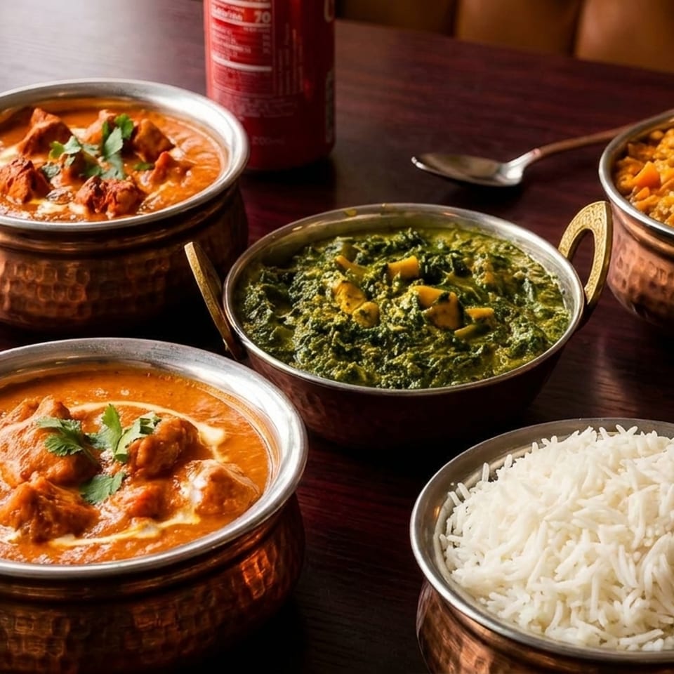 A table laden with copper bowls of Indian curries, rice, and a red soda can.