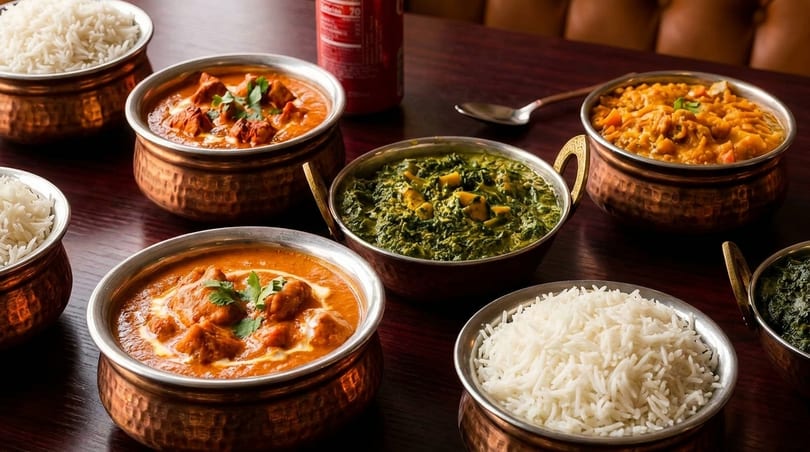 A table laden with copper bowls of Indian curries, rice, and a red soda can.