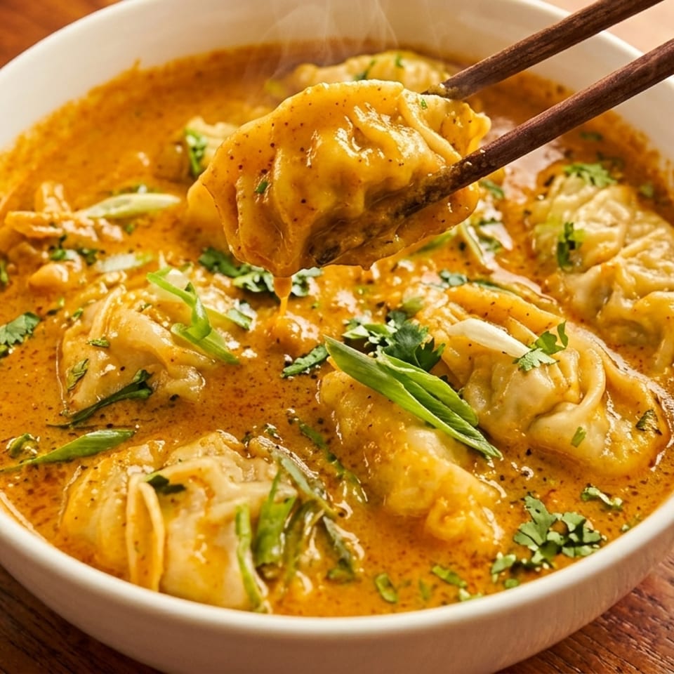 Chopsticks lifting a steaming dumpling from a bowl of orange curry with cilantro and scallions.