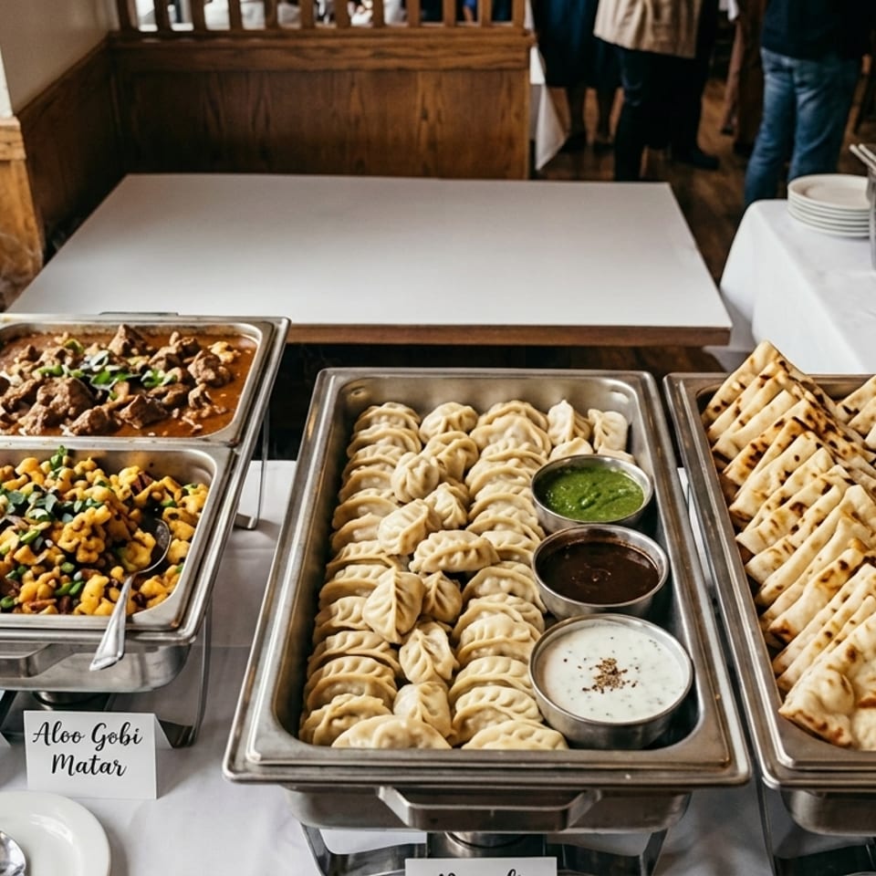 A buffet spread with Lamb Rogan Josh, Aloo Gobi Matar, momos with sauces, and naan bread.