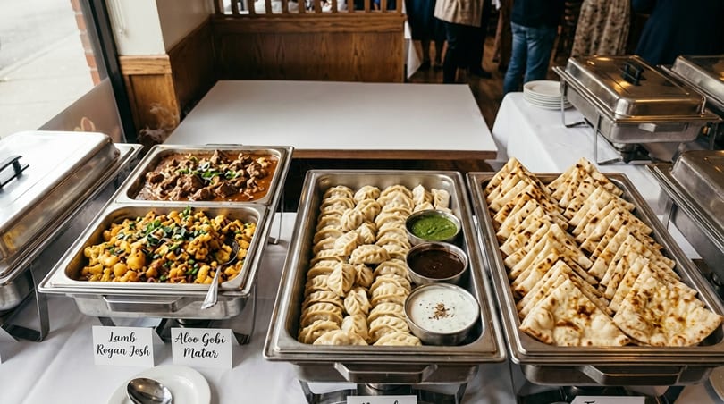 A buffet spread with Lamb Rogan Josh, Aloo Gobi Matar, momos with sauces, and naan bread.