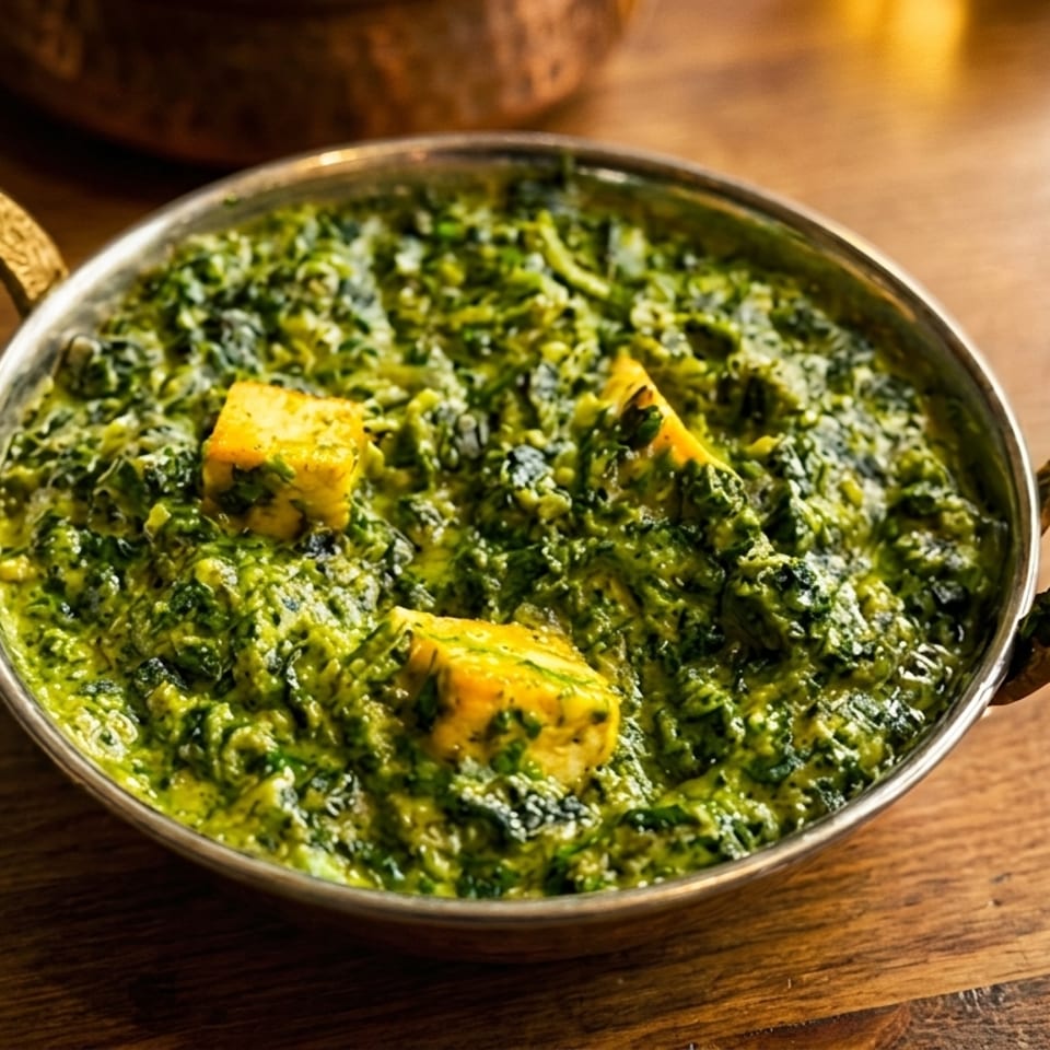 Palak Paneer, a vibrant green spinach and cheese curry, served in a traditional brass bowl.