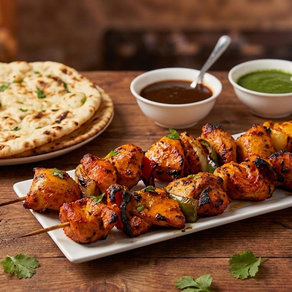 Chicken tikka skewers with naan bread, dark sauce, and green chutney on a wooden table.