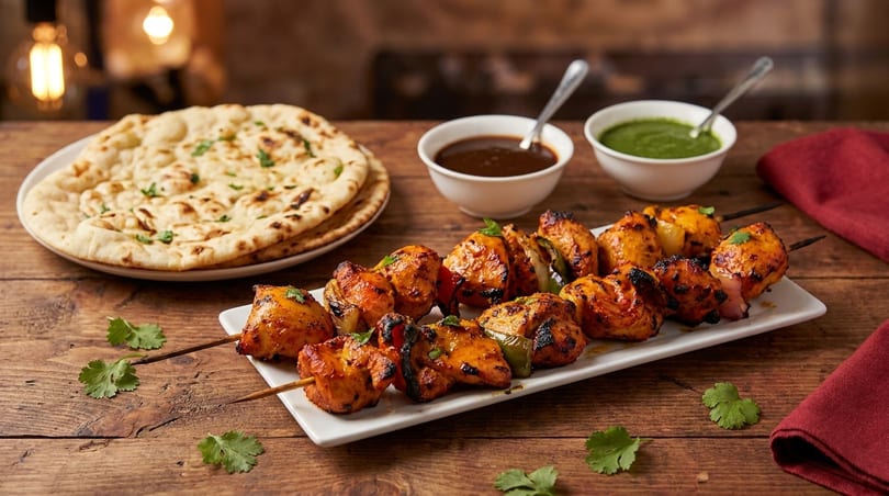 Chicken tikka skewers with naan bread, dark sauce, and green chutney on a wooden table.
